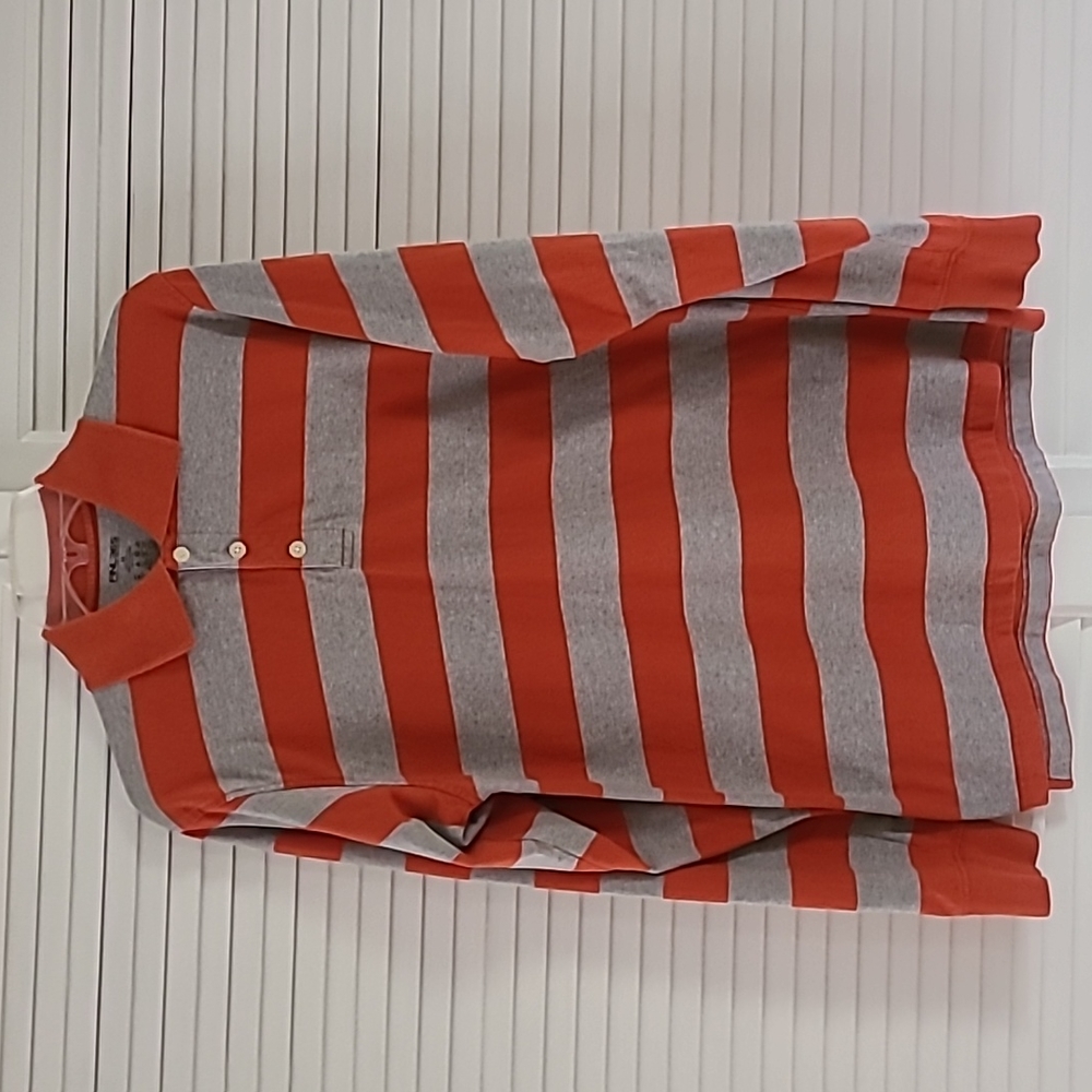 Finish Line Long Sleeve Polo Shirt Sz M 100% Cotton. Gray/Orange Stripes